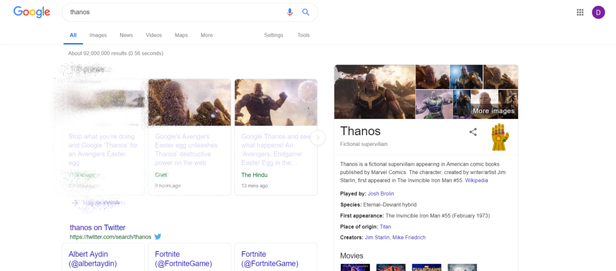 thanos snap google easter egg