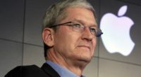 Tim Cook in front of an Apple Logo